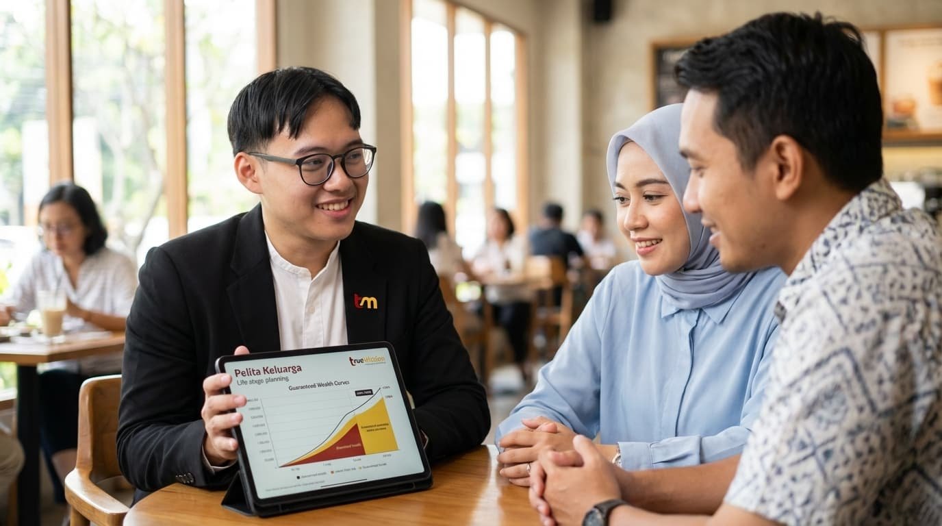 Agen Dandy dari TrueMission memberikan konsultasi asuransi dwiguna prudential secara personal kepada pasangan suami istri muda, menjelaskan grafik perencanaan keuangan dan kepastian dana PRUMapan di sebuah kafe.