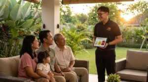 Keluarga tiga generasi yang bahagia bersantai di sore hari bersama agen Dandy dari TrueMission, yang sedang menunjukkan simulasi asuransi dwiguna prudential (PRUMapan) di tablet untuk jaminan dana pensiun.