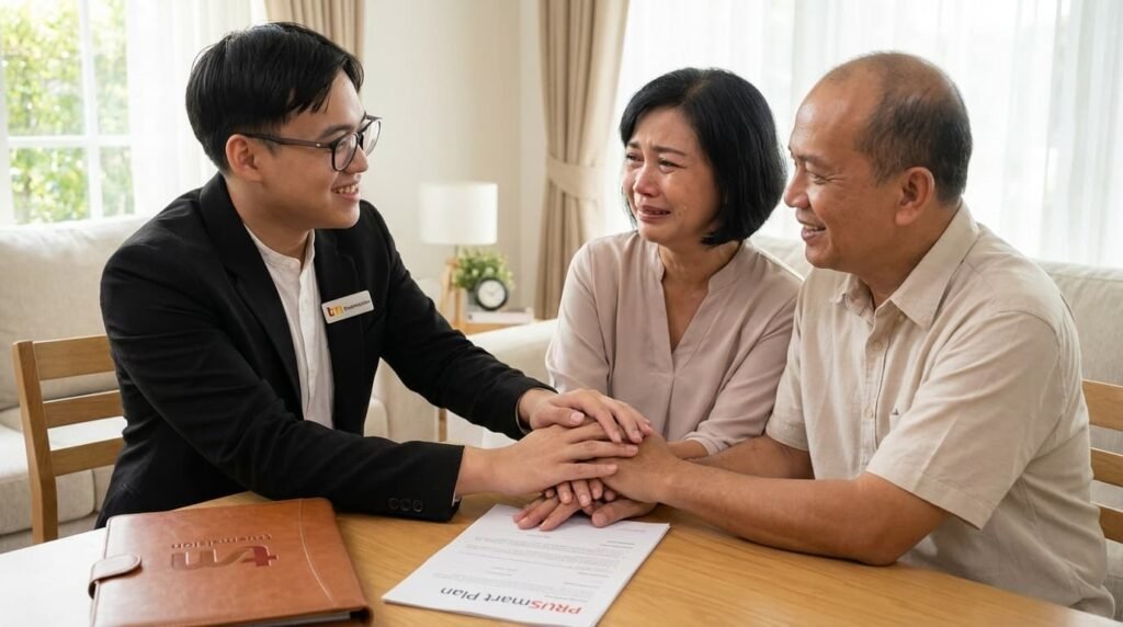 Kelegaan nasabah TrueMission setelah mendapatkan kepastian proteksi jiwa dan dana tunai dari asuransi dwiguna prudential prusmartplan yang dijelaskan oleh Dandy.